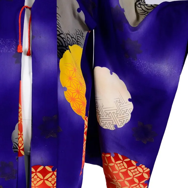 1930s Japanese Haori Kimono Jacket Purple Silk w/ Orange Designs