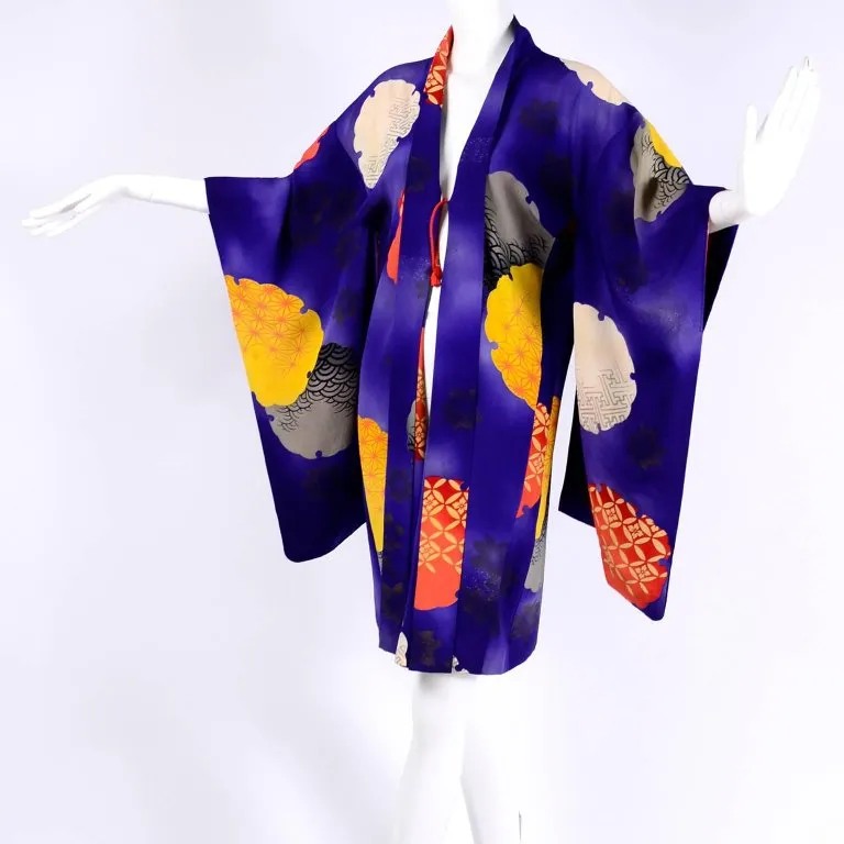 1930s Japanese Haori Kimono Jacket Purple Silk w/ Orange Designs