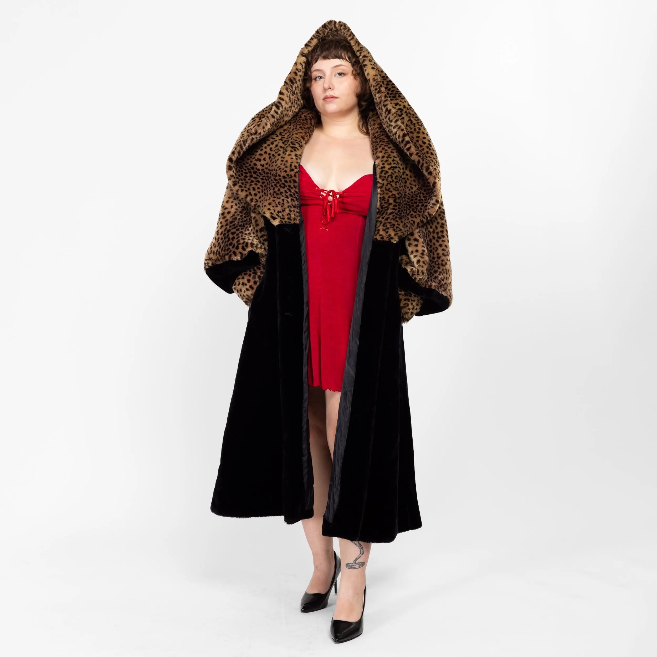 1X 80s Does 50s Faux Fur Leopard Print Hooded Maxi Princess Coat