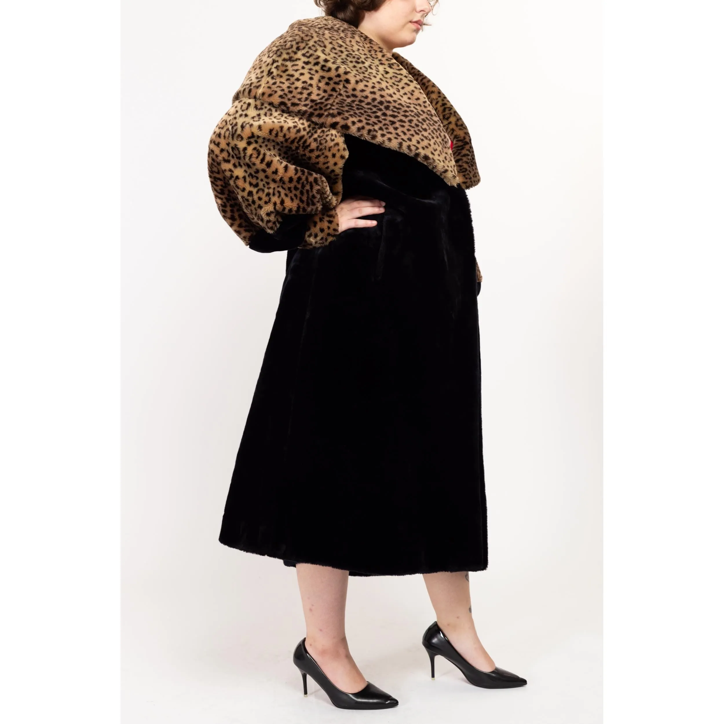 1X 80s Does 50s Faux Fur Leopard Print Hooded Maxi Princess Coat