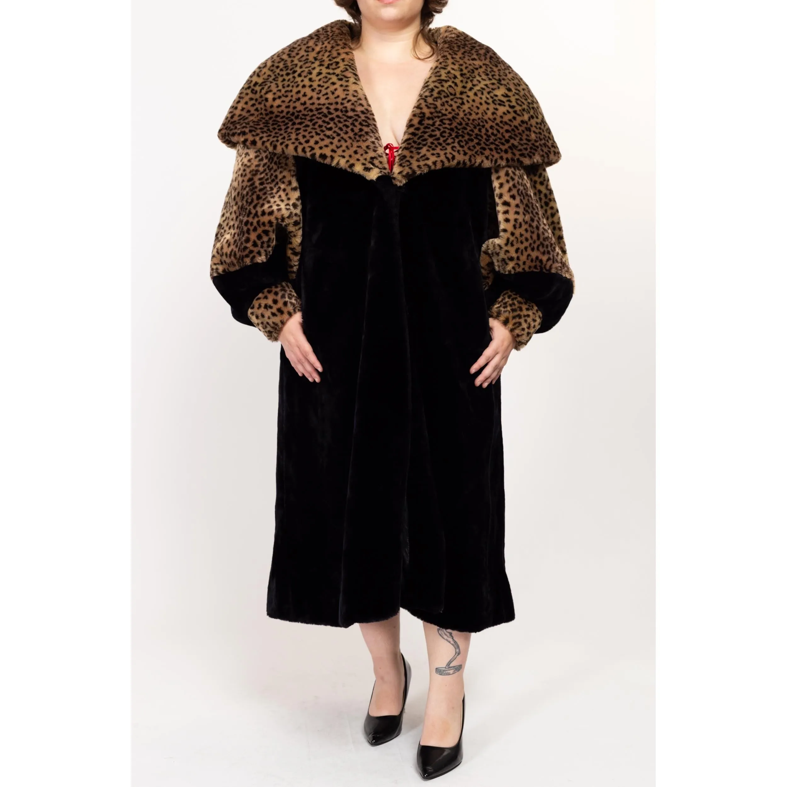 1X 80s Does 50s Faux Fur Leopard Print Hooded Maxi Princess Coat