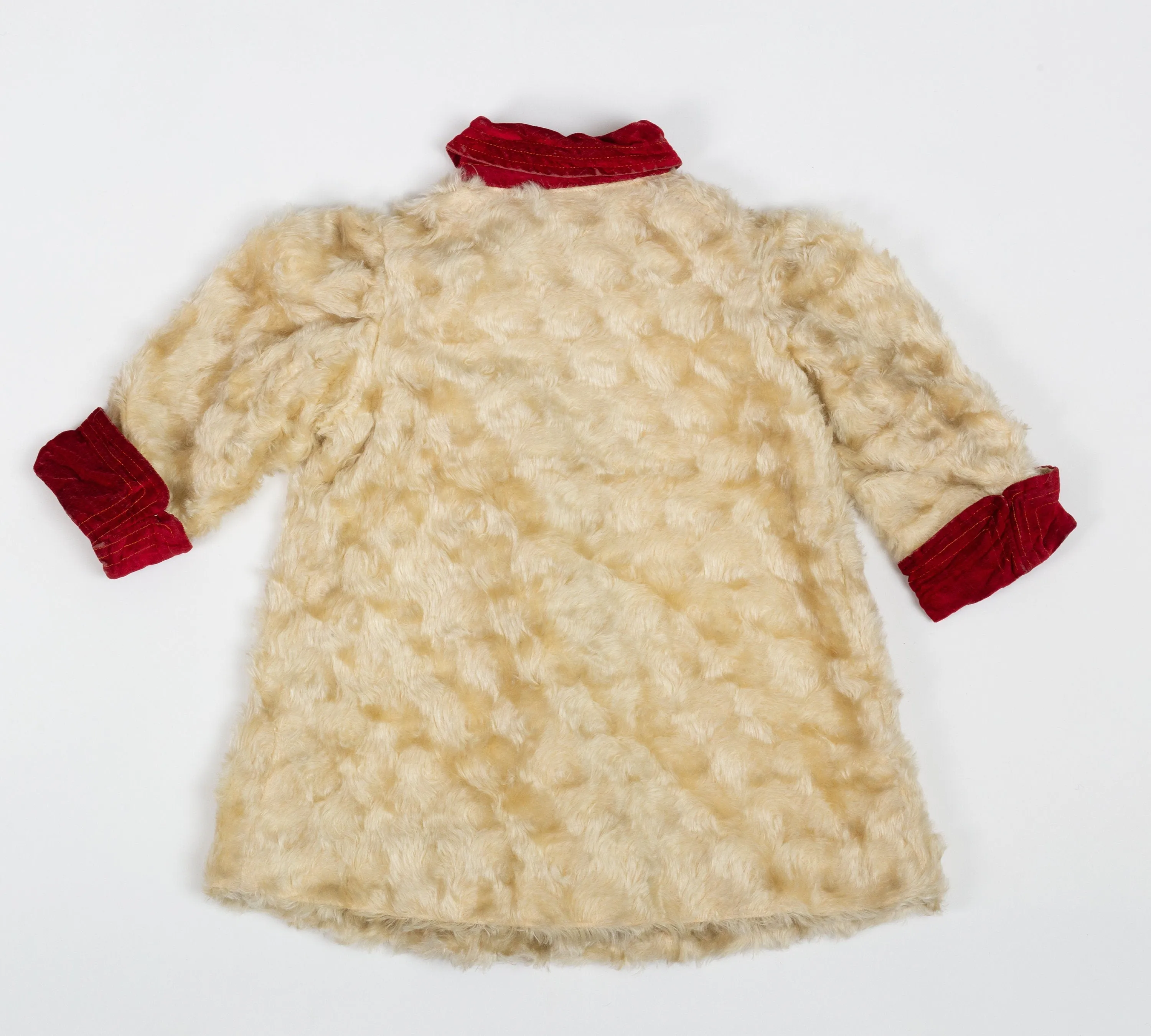 50s 60s Ivory Faux Fur Red Velvet Trim Girls Coat - 18M