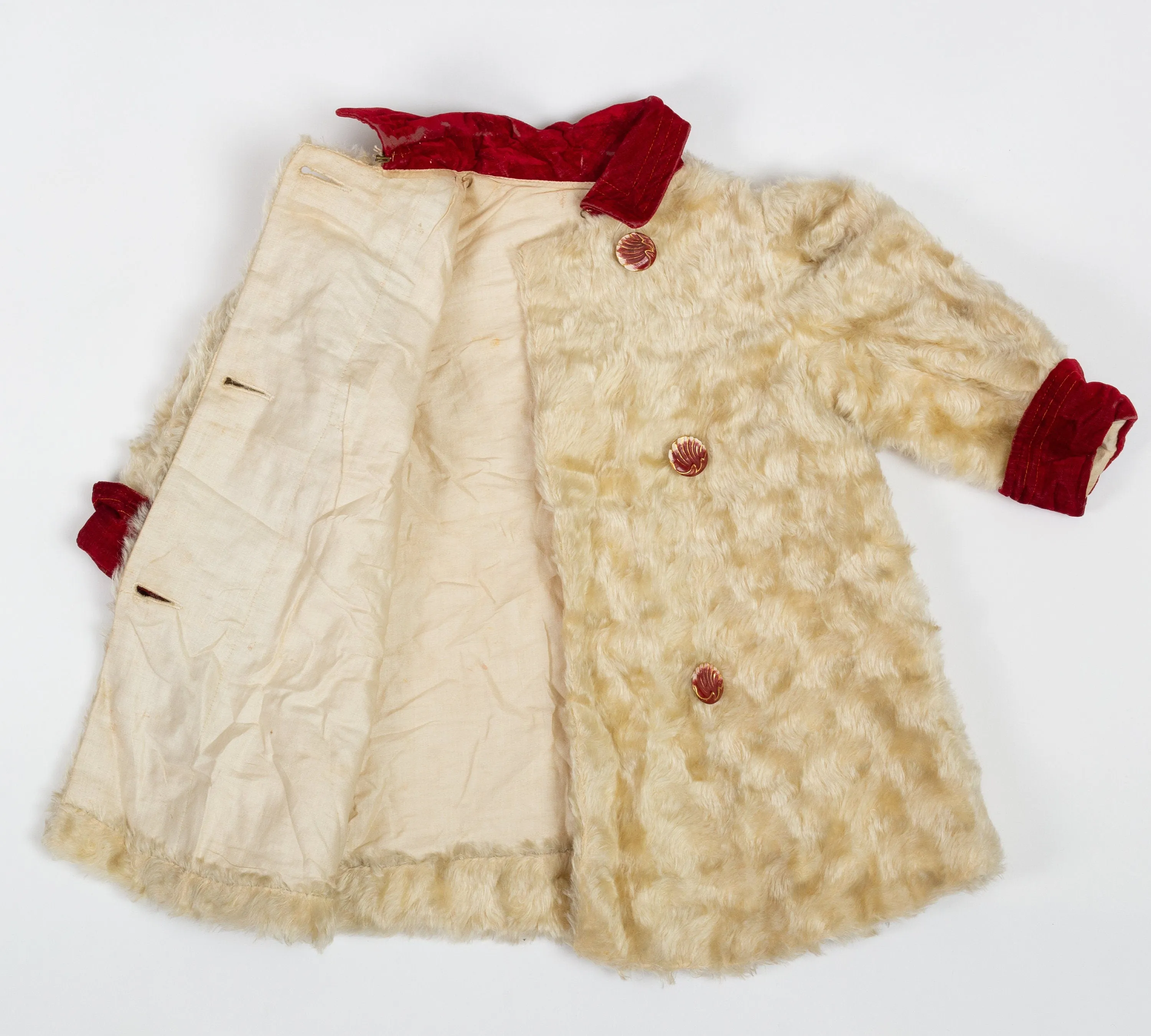 50s 60s Ivory Faux Fur Red Velvet Trim Girls Coat - 18M