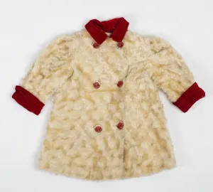 50s 60s Ivory Faux Fur Red Velvet Trim Girls Coat - 18M