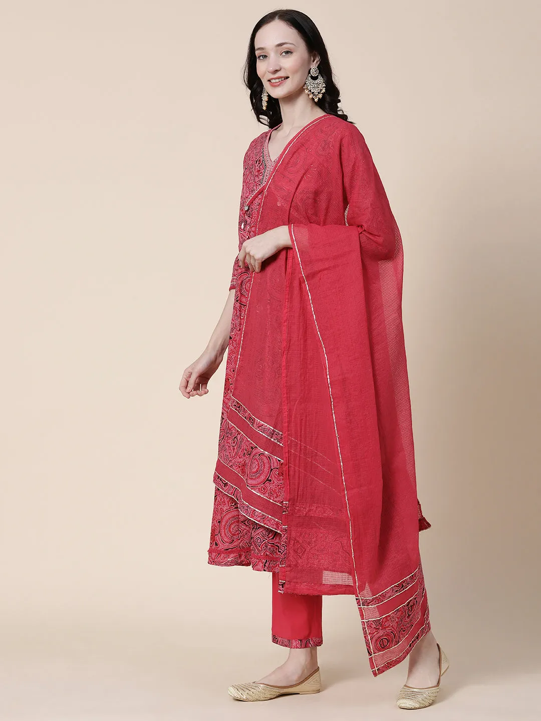 Abstract-Ethnic Printed Mirror, Beads & Zari Embroidered Anarkali Kurta with Pants & Dupatta - Amaranth Pink