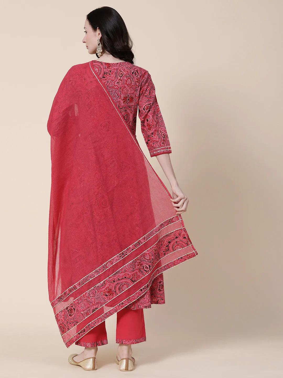 Abstract-Ethnic Printed Mirror, Beads & Zari Embroidered Anarkali Kurta with Pants & Dupatta - Amaranth Pink