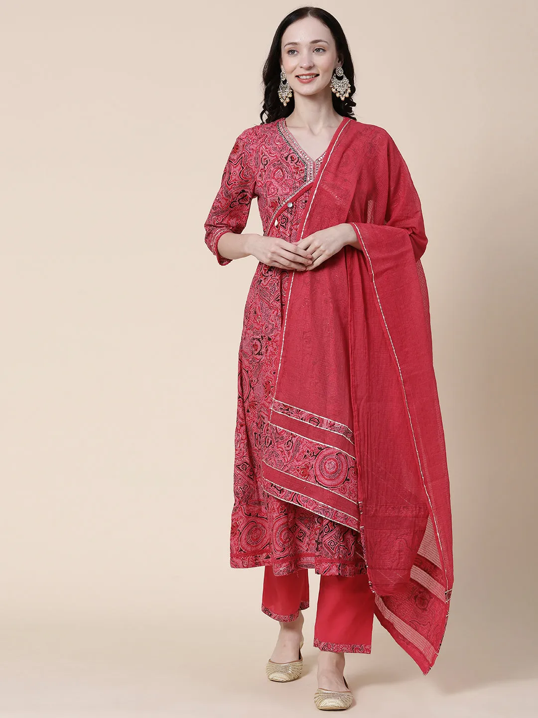 Abstract-Ethnic Printed Mirror, Beads & Zari Embroidered Anarkali Kurta with Pants & Dupatta - Amaranth Pink