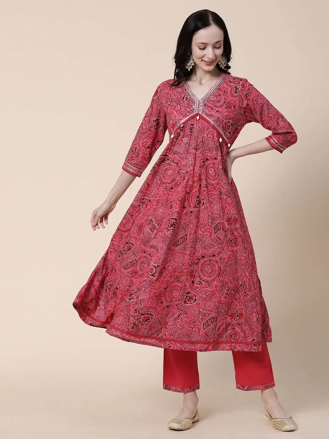 Abstract-Ethnic Printed Mirror, Beads & Zari Embroidered Anarkali Kurta with Pants & Dupatta - Amaranth Pink