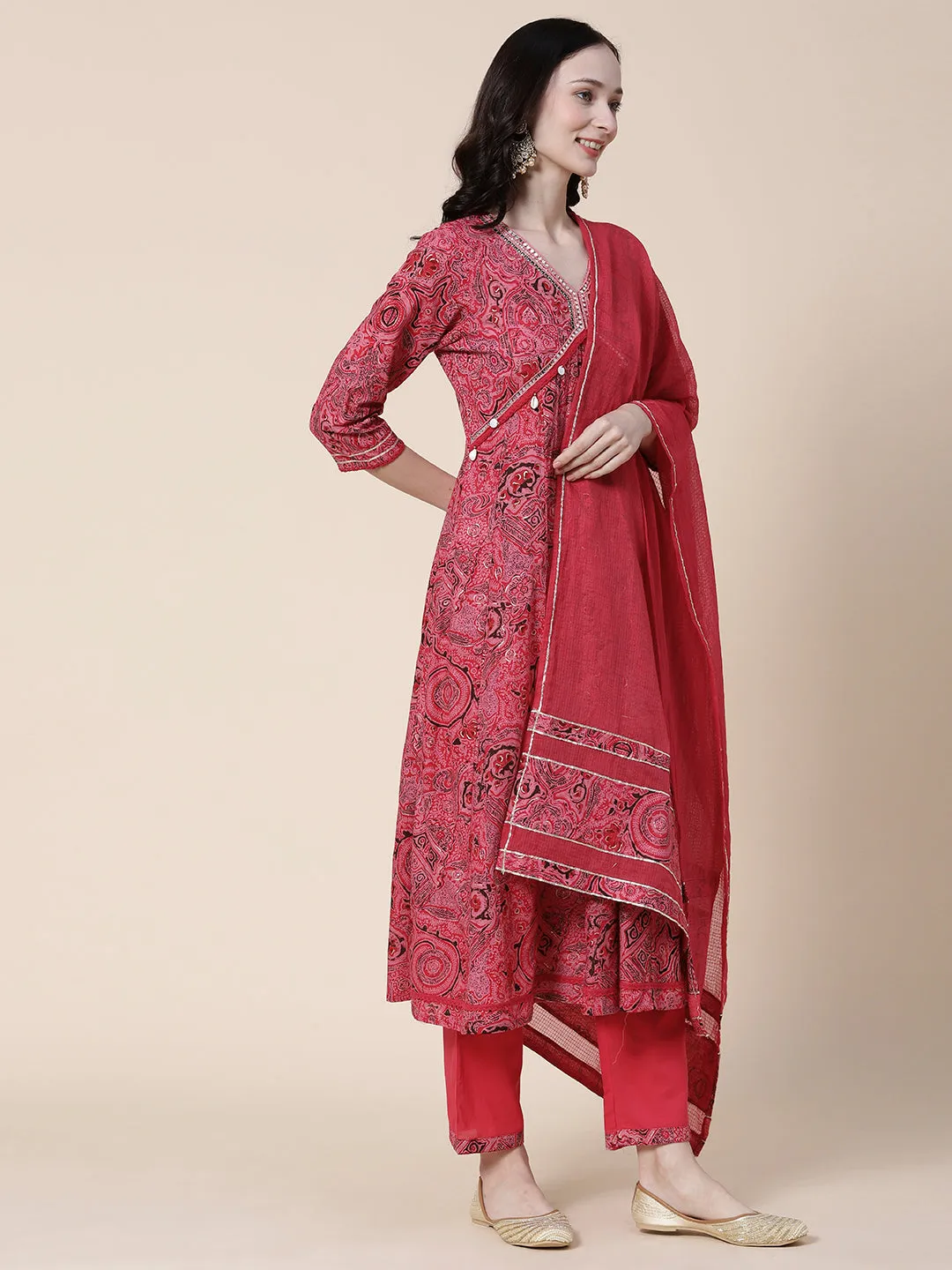 Abstract-Ethnic Printed Mirror, Beads & Zari Embroidered Anarkali Kurta with Pants & Dupatta - Amaranth Pink