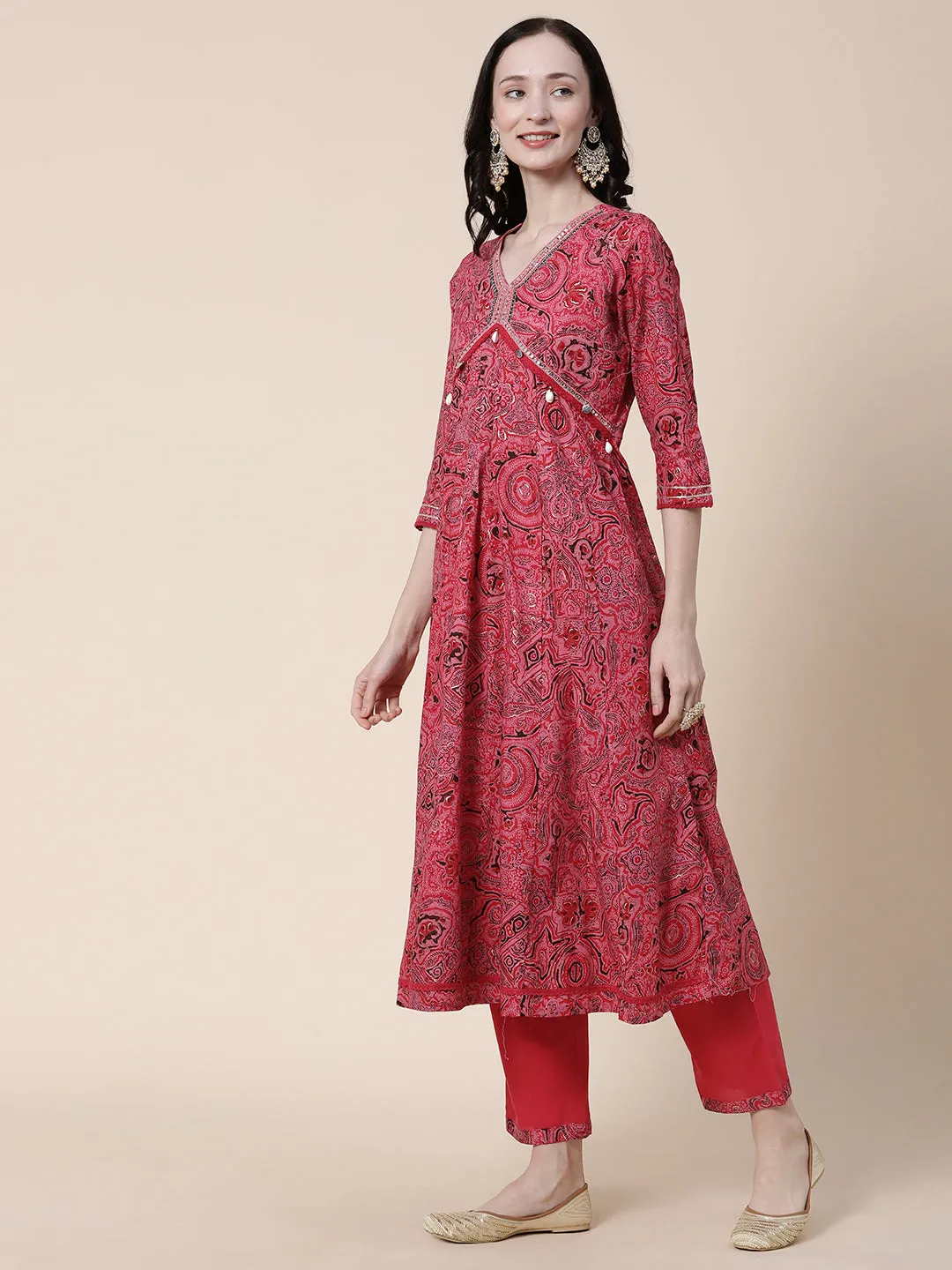 Abstract-Ethnic Printed Mirror, Beads & Zari Embroidered Anarkali Kurta with Pants & Dupatta - Amaranth Pink