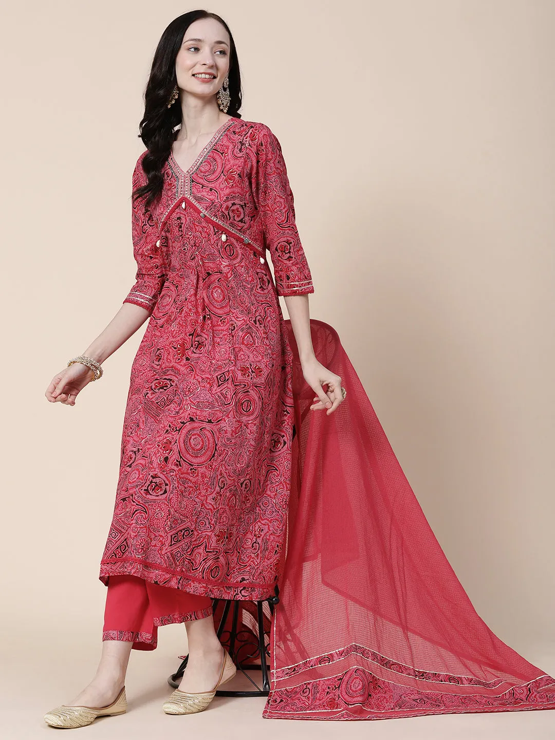 Abstract-Ethnic Printed Mirror, Beads & Zari Embroidered Anarkali Kurta with Pants & Dupatta - Amaranth Pink