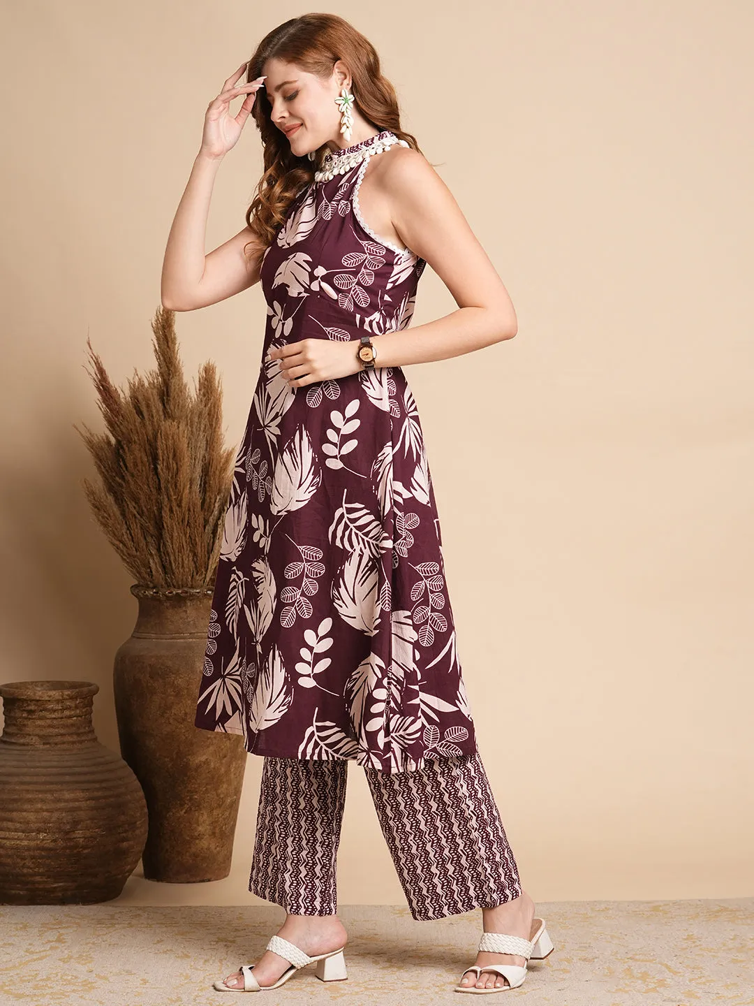 Abstract Floral Printed A-Line Flared Kurta with Palazzo - Burgundy