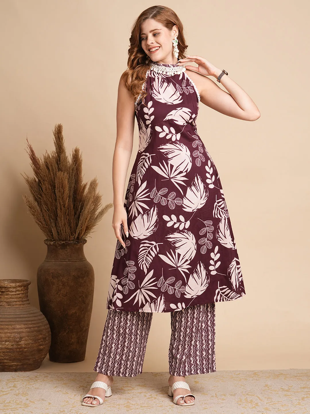 Abstract Floral Printed A-Line Flared Kurta with Palazzo - Burgundy