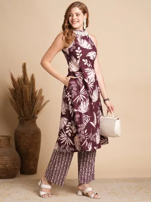 Abstract Floral Printed A-Line Flared Kurta with Palazzo - Burgundy