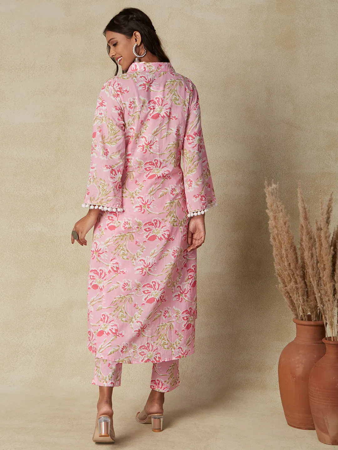 Abstract Floral Printed A-Line Paneled Kurta with Pant - Pink