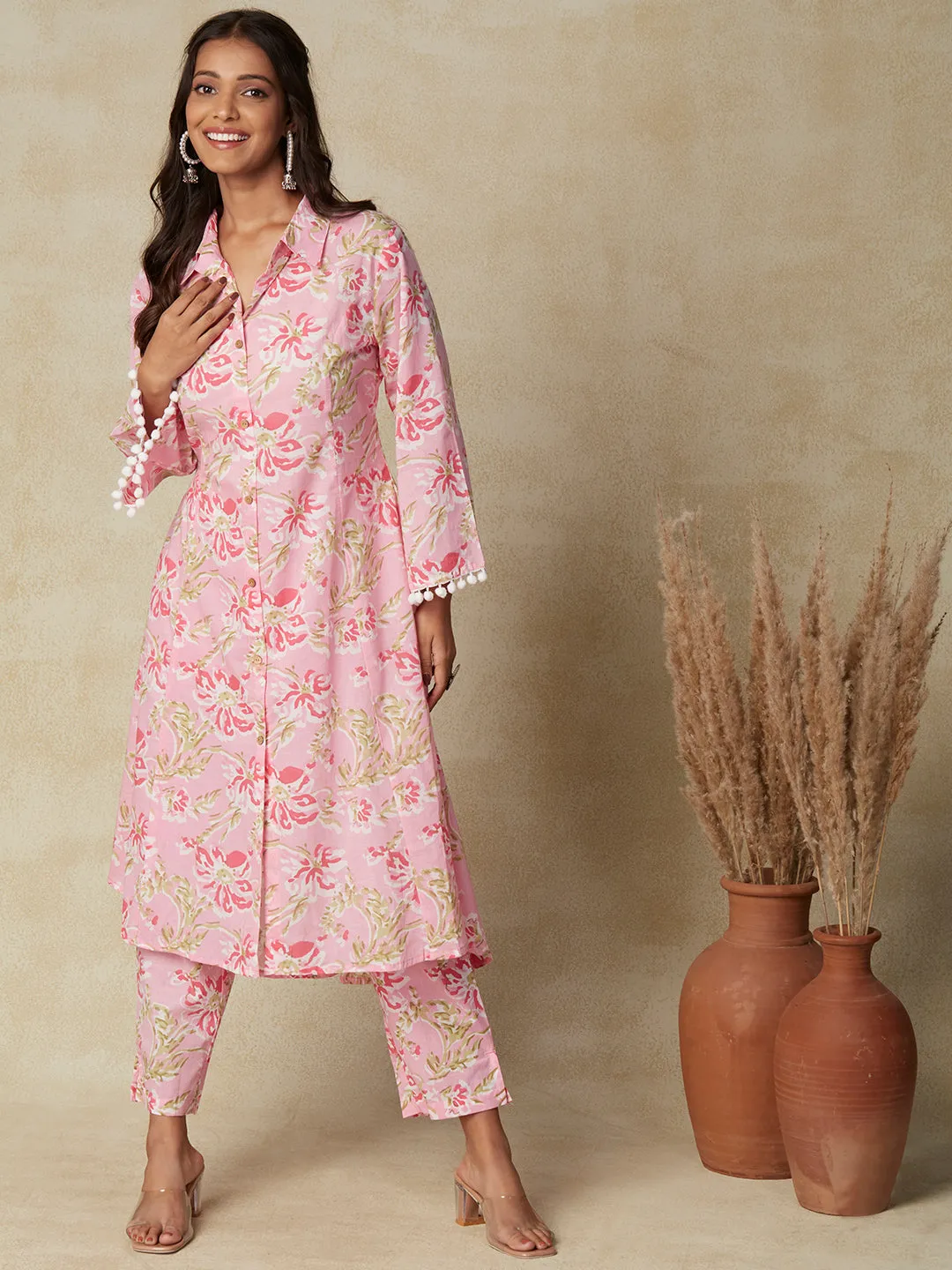 Abstract Floral Printed A-Line Paneled Kurta with Pant - Pink