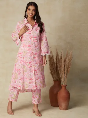 Abstract Floral Printed A-Line Paneled Kurta with Pant - Pink