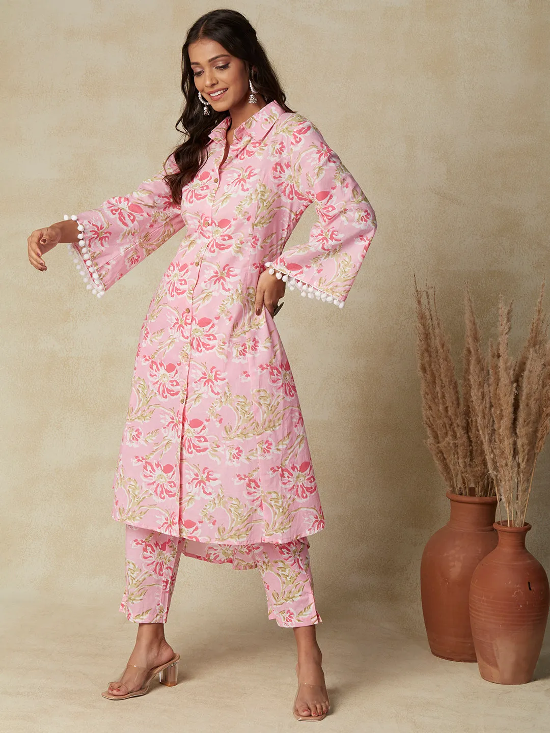 Abstract Floral Printed A-Line Paneled Kurta with Pant - Pink