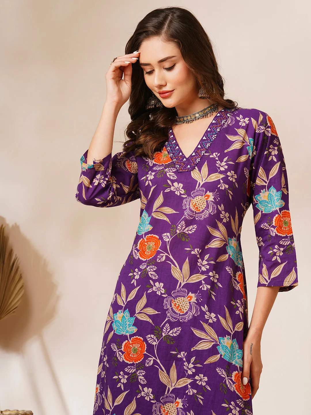 Abstract Floral Printed & Embroidered Straight Fit Kurta with Pant - Deep Purple