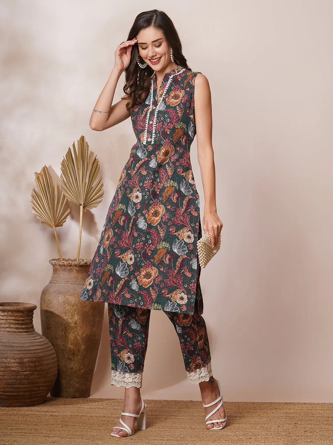 Abstract Floral Printed & Kantha Embroidered Straight Fit Co-ord Set - Green