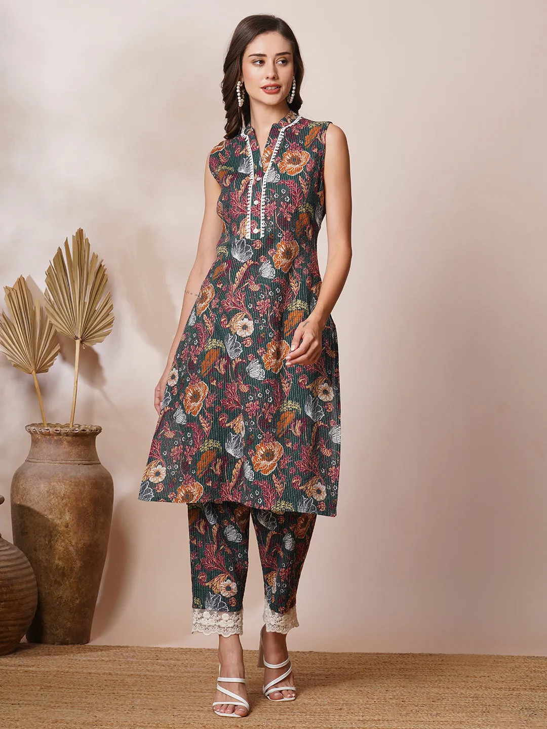 Abstract Floral Printed & Kantha Embroidered Straight Fit Co-ord Set - Green