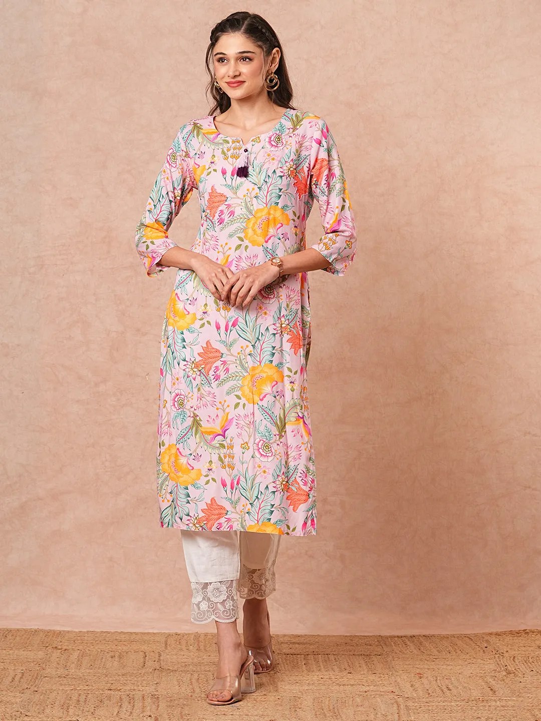 Abstract Floral Printed Straight Fit Kurta - Lavender