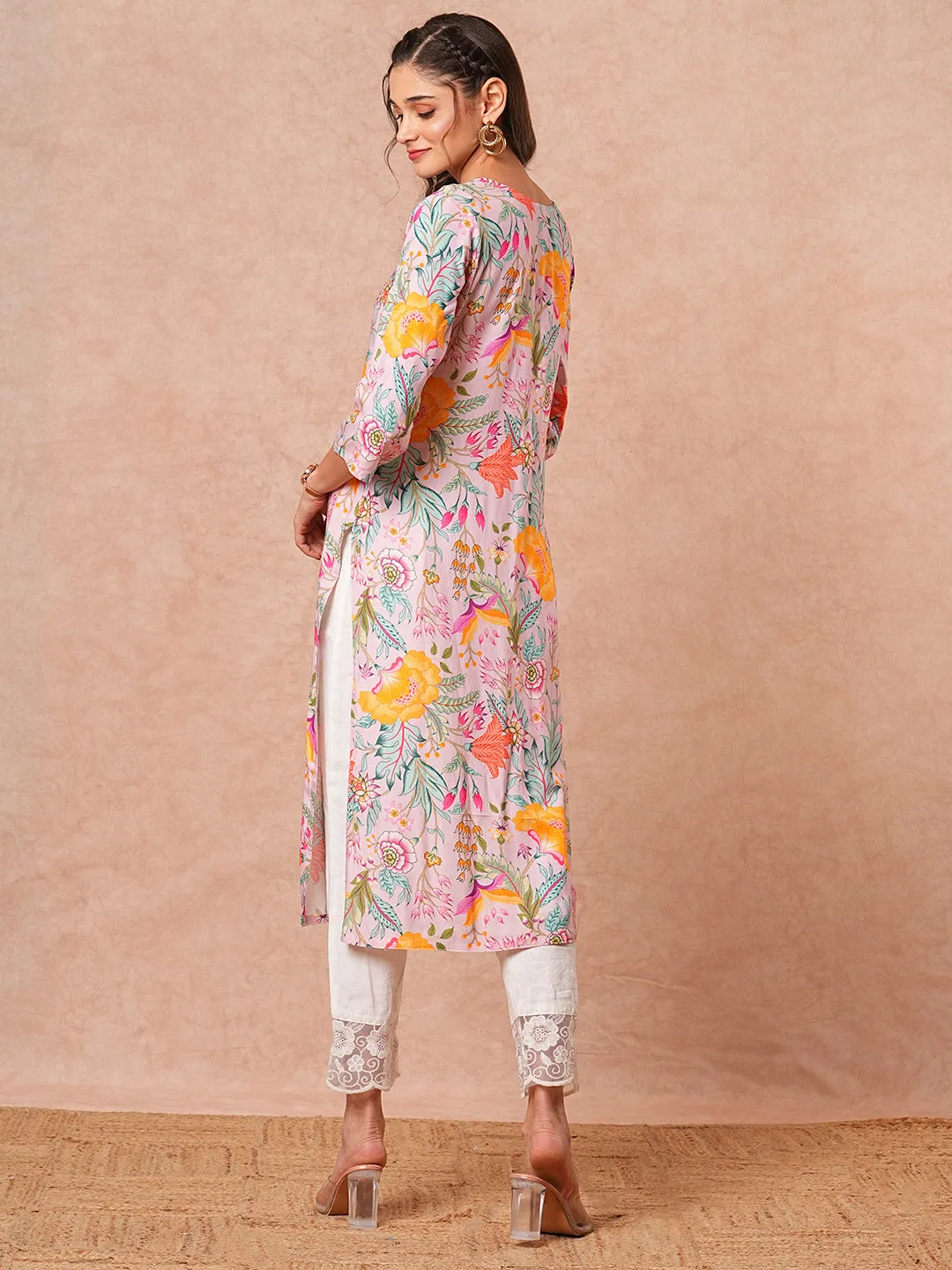 Abstract Floral Printed Straight Fit Kurta - Lavender