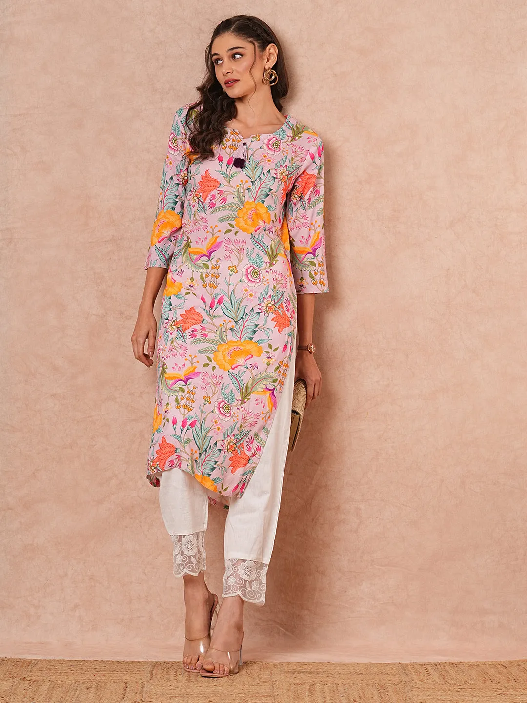 Abstract Floral Printed Straight Fit Kurta - Lavender