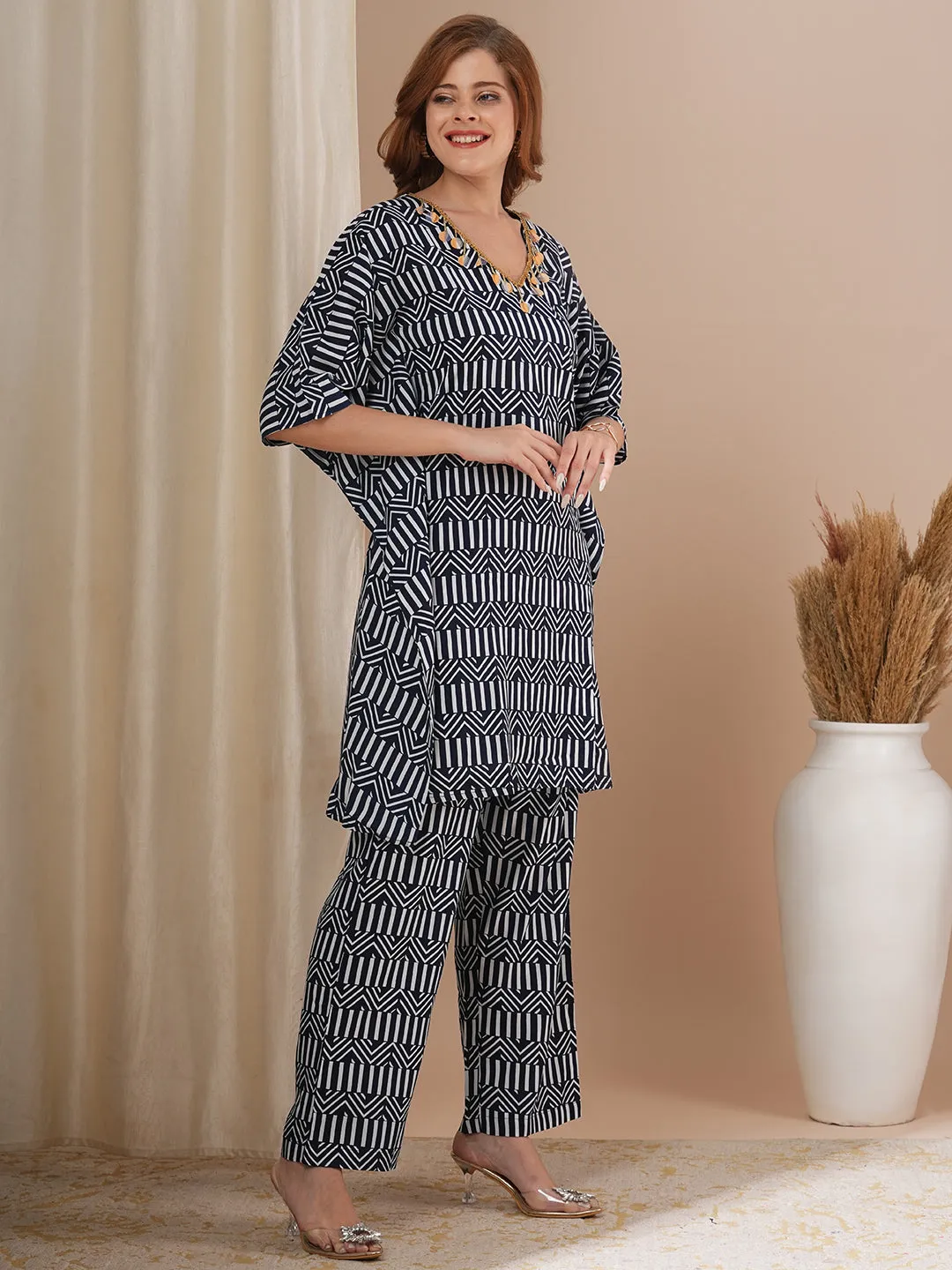 Abstract Geometric Printed and Sequenced Kaftan Co-ord Set - Navy Blue