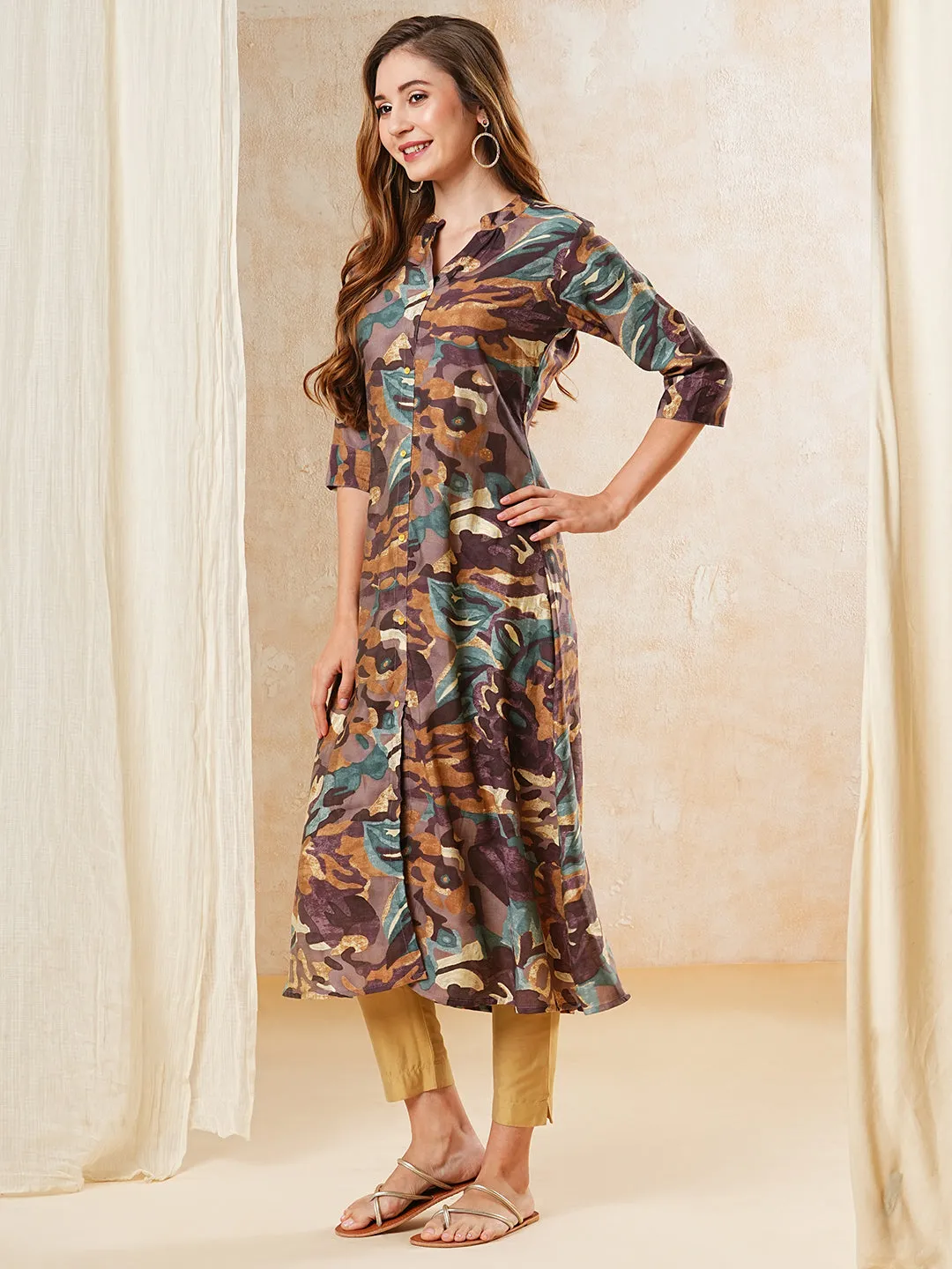 Abstract Printed A-line Kurta - Brown & Mauve