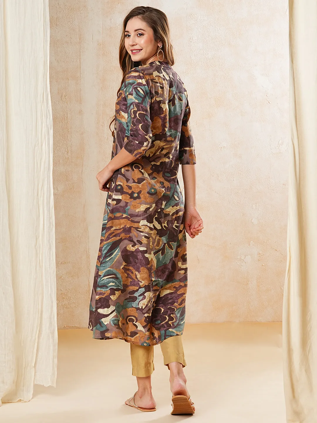 Abstract Printed A-line Kurta - Brown & Mauve