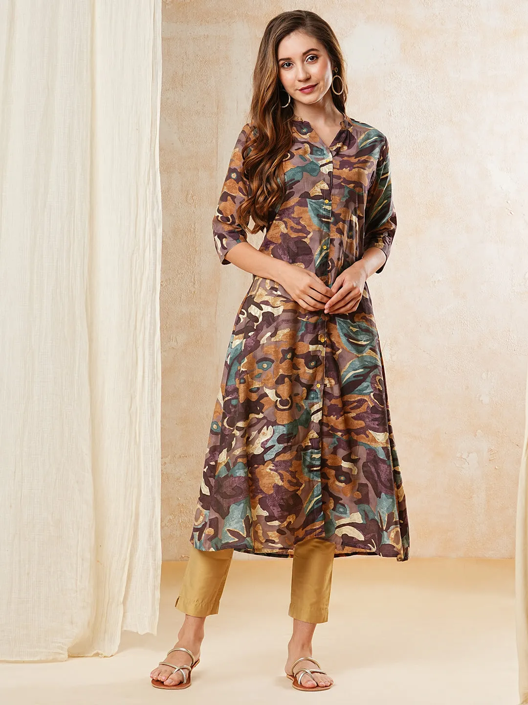 Abstract Printed A-line Kurta - Brown & Mauve