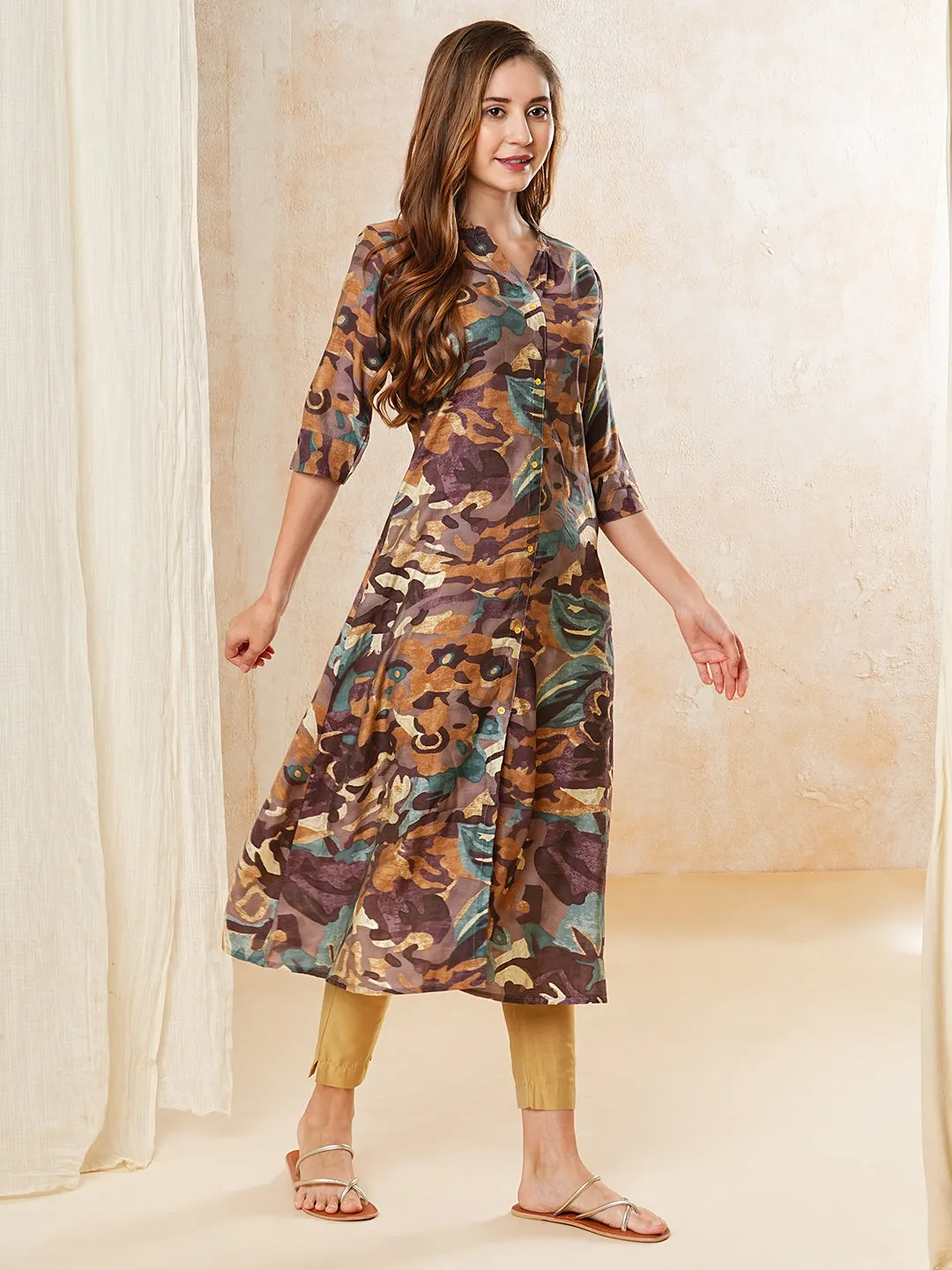 Abstract Printed A-line Kurta - Brown & Mauve