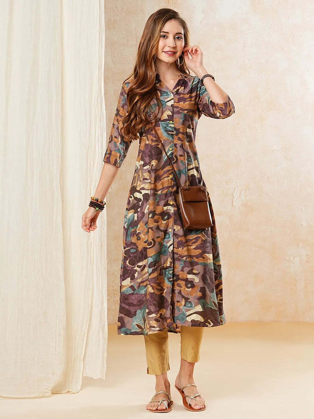 Abstract Printed A-line Kurta - Brown & Mauve