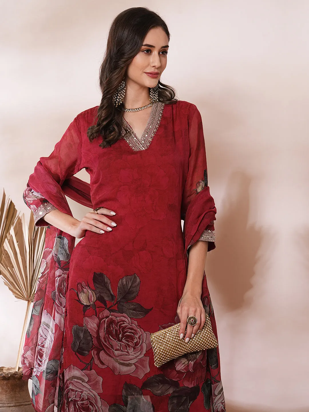 Abstract Printed & Embroidered Straight Fit Kurta with Pant & Dupatta - Red