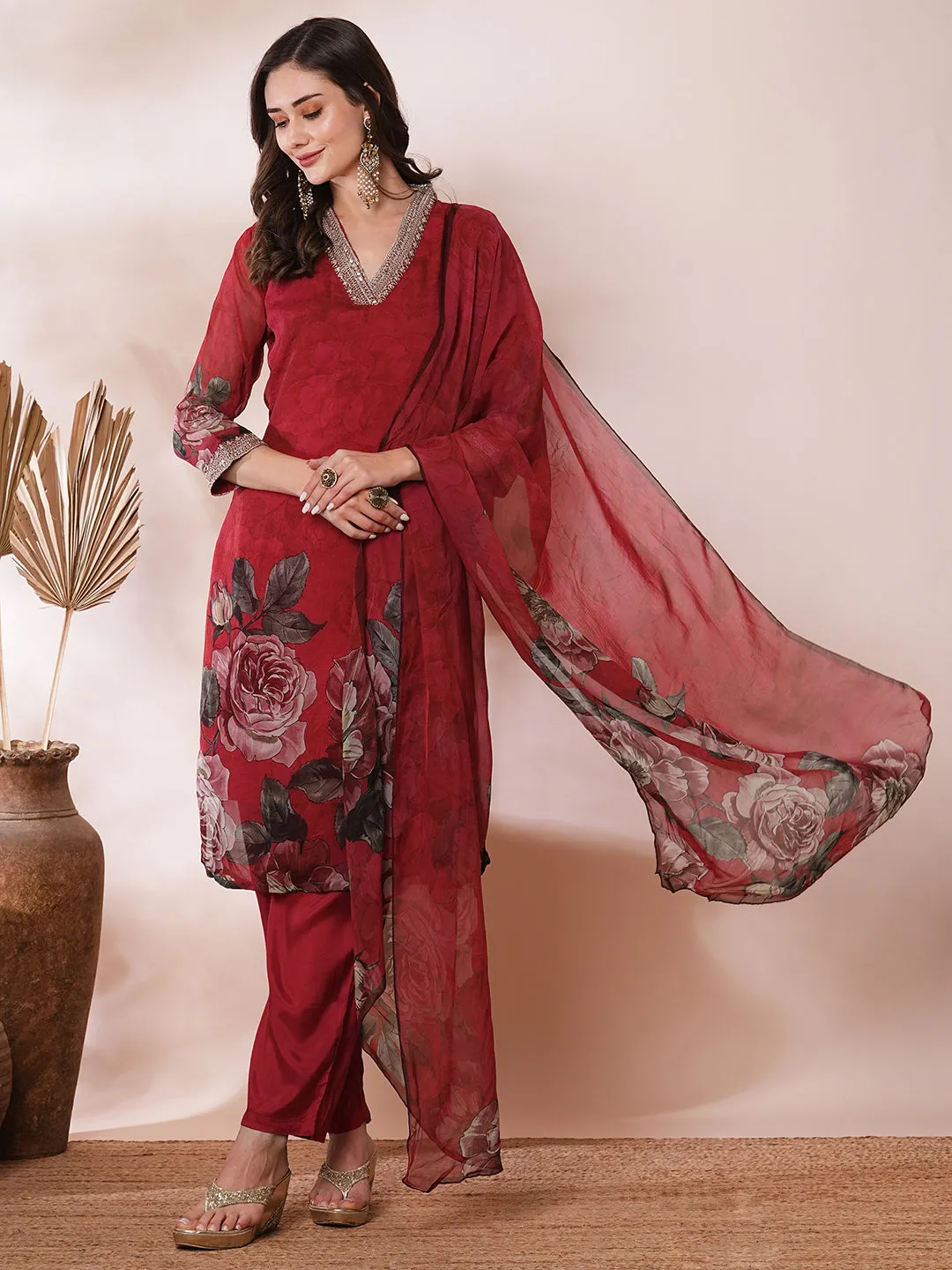 Abstract Printed & Embroidered Straight Fit Kurta with Pant & Dupatta - Red