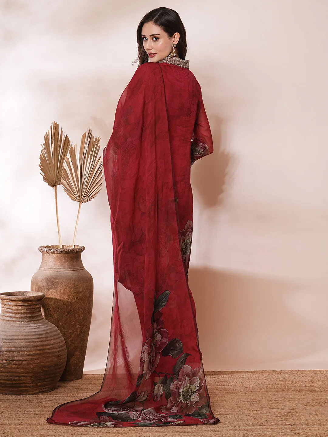 Abstract Printed & Embroidered Straight Fit Kurta with Pant & Dupatta - Red