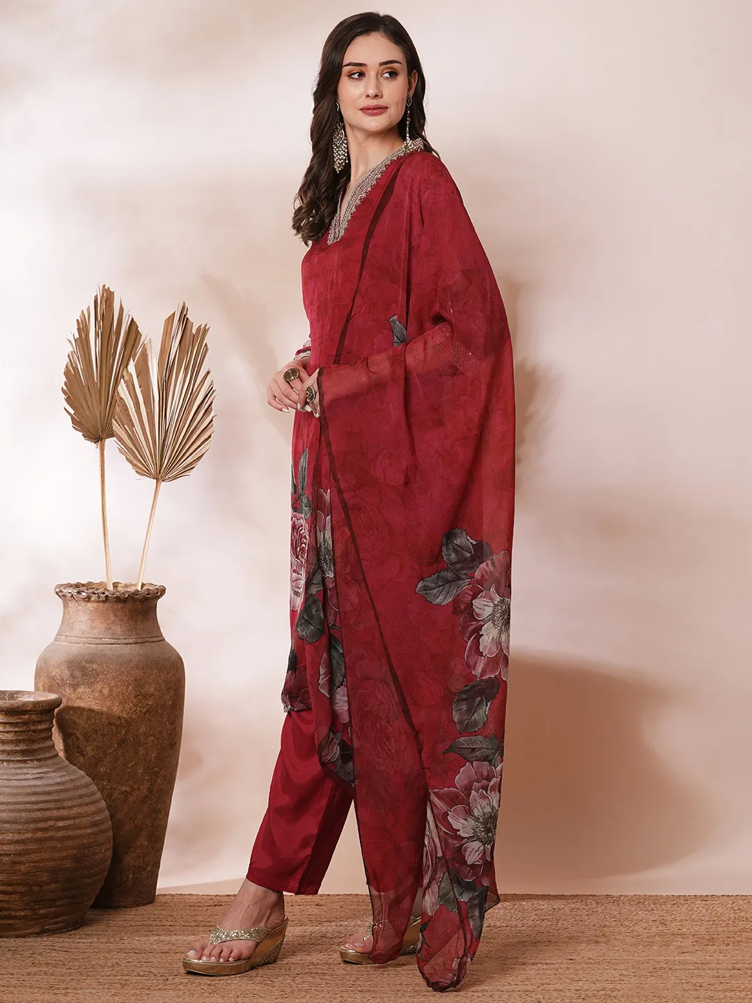 Abstract Printed & Embroidered Straight Fit Kurta with Pant & Dupatta - Red