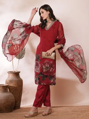 Abstract Printed & Embroidered Straight Fit Kurta with Pant & Dupatta - Red