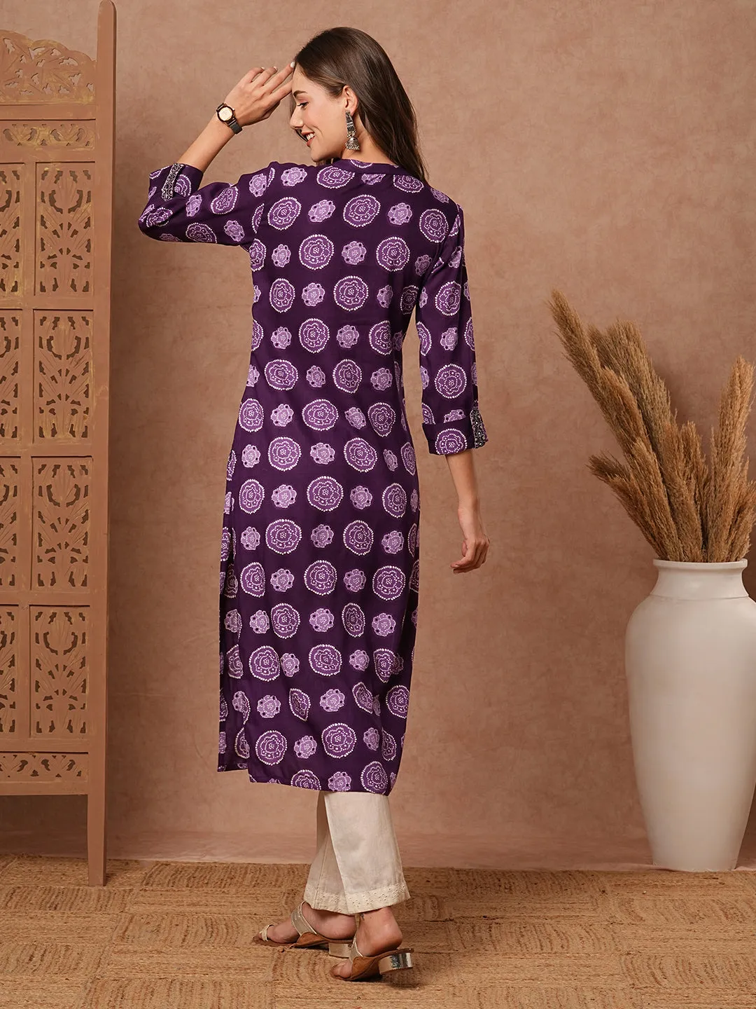 Abstract Printed Mirror, Resham & Zari Embroidered kurta - Violet