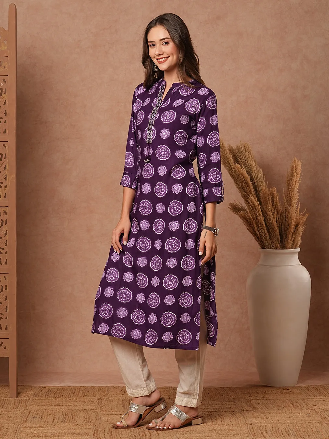 Abstract Printed Mirror, Resham & Zari Embroidered kurta - Violet