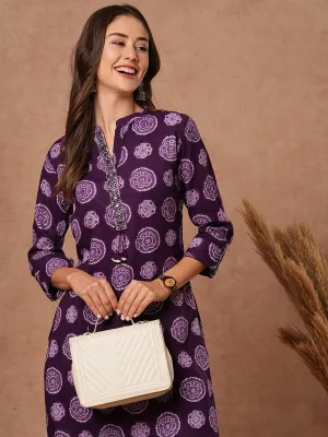 Abstract Printed Mirror, Resham & Zari Embroidered kurta - Violet