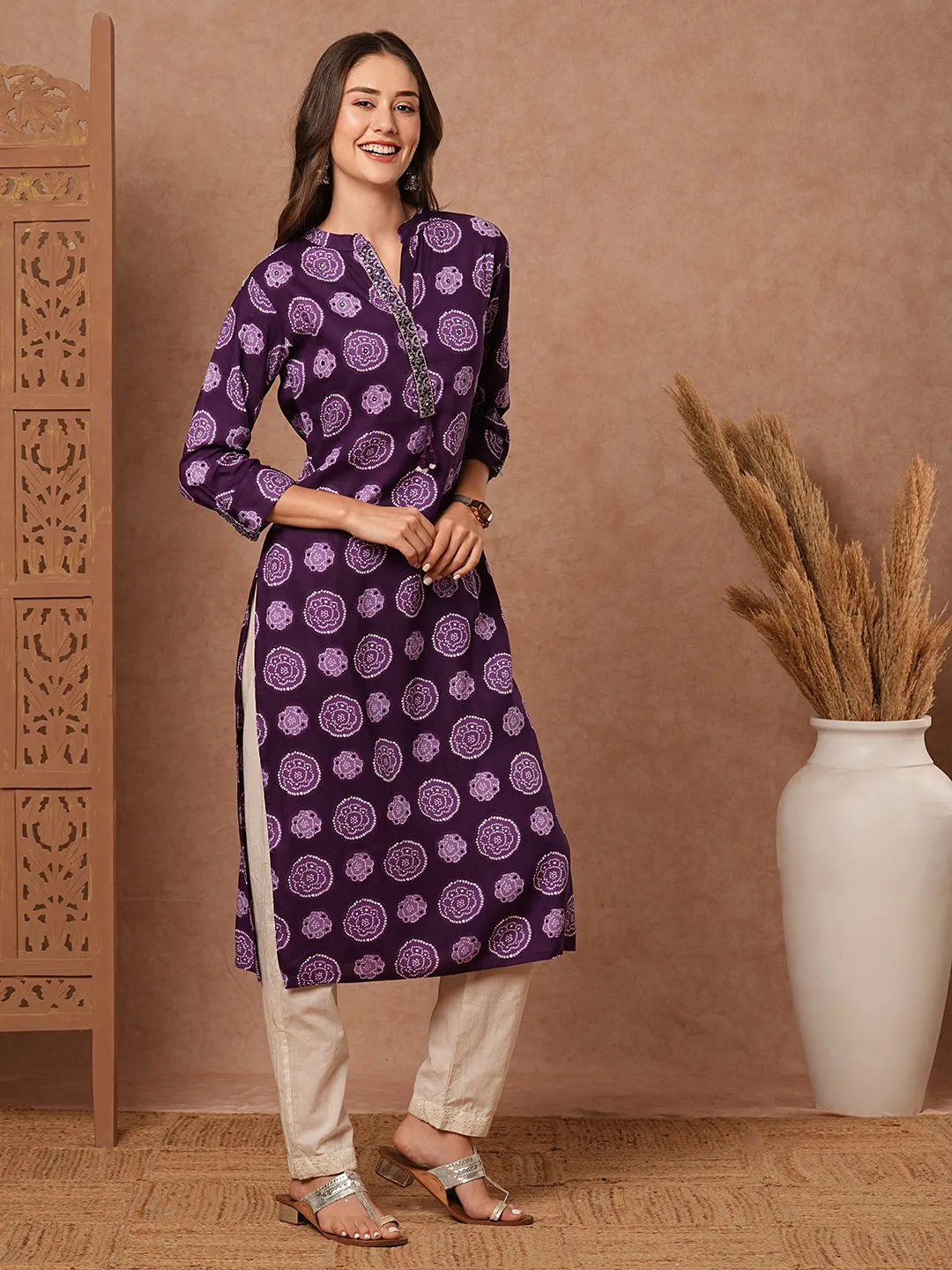 Abstract Printed Mirror, Resham & Zari Embroidered kurta - Violet