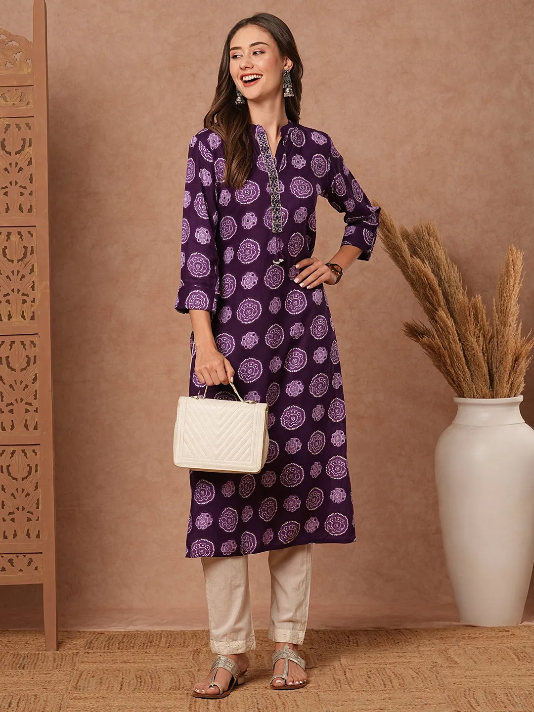 Abstract Printed Mirror, Resham & Zari Embroidered kurta - Violet