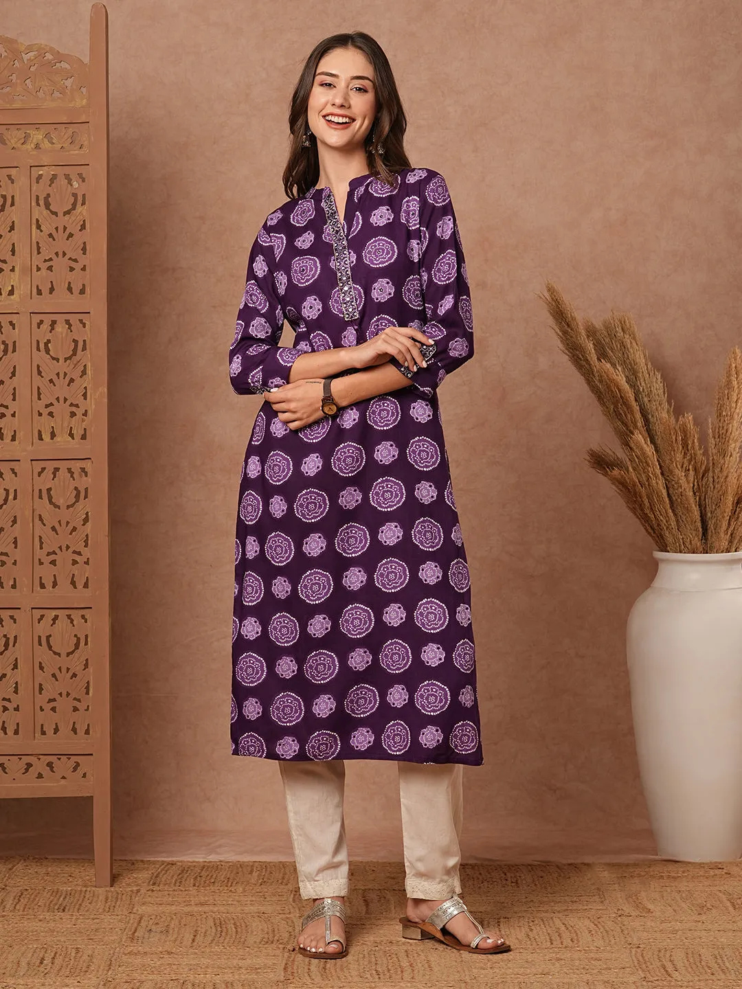 Abstract Printed Mirror, Resham & Zari Embroidered kurta - Violet