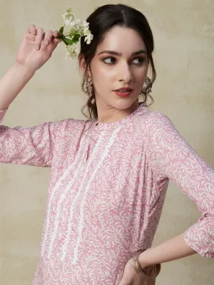 Abstract Printed Resham Embroidered Kurta - Pink