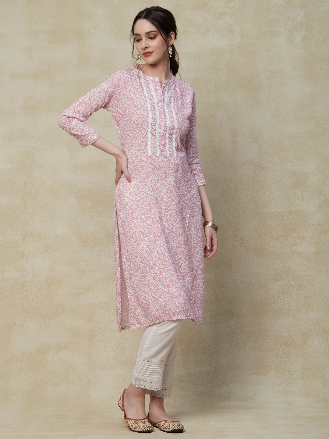 Abstract Printed Resham Embroidered Kurta - Pink