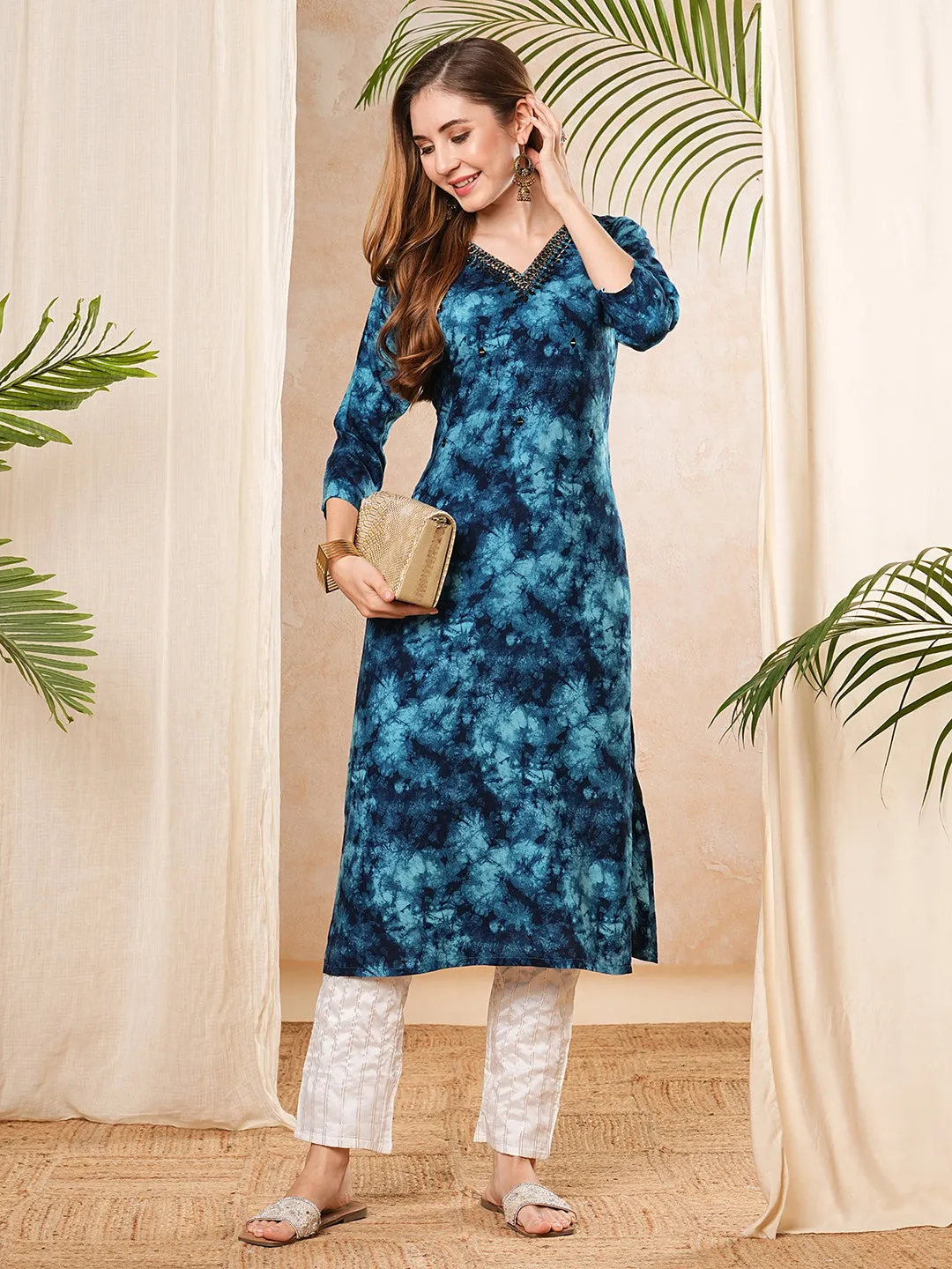 Abstract Tie - Dye Printed & Embroidered Straight Fit Kurta - Blue