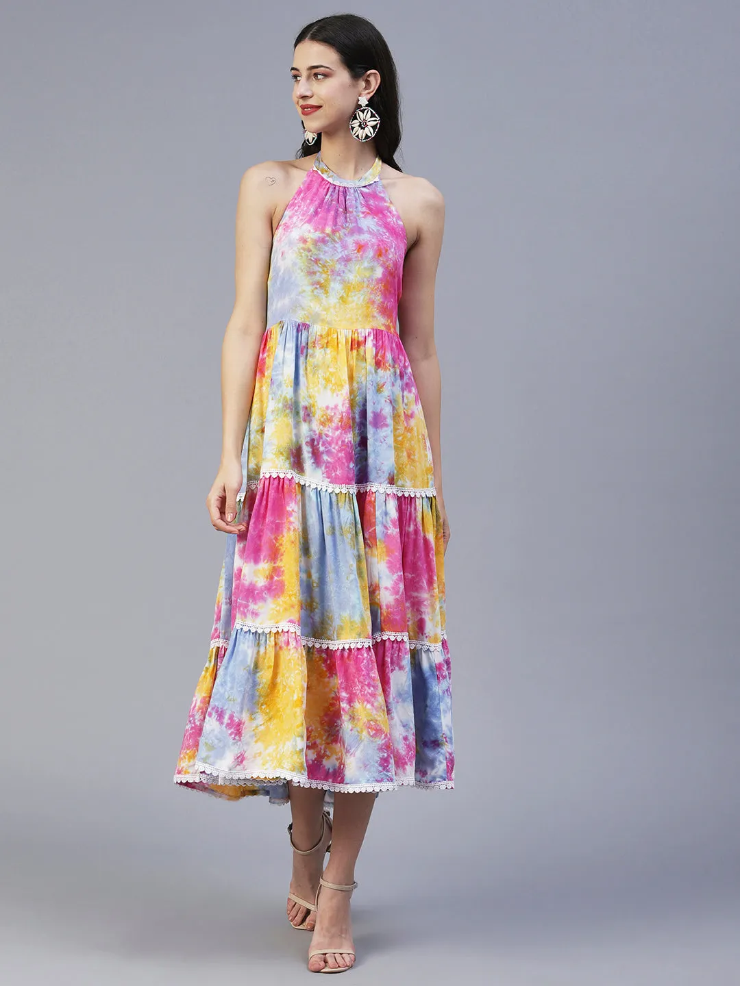 Abstract Tie - Dye Printed Tiered Flared Midi Dress - Multi