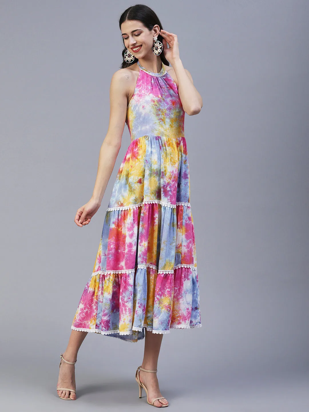 Abstract Tie - Dye Printed Tiered Flared Midi Dress - Multi